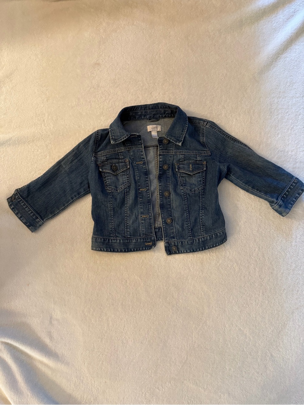 LOFT Cropped Denim Jacket XS 3/4 Sleeve Stretch Jean Jacket